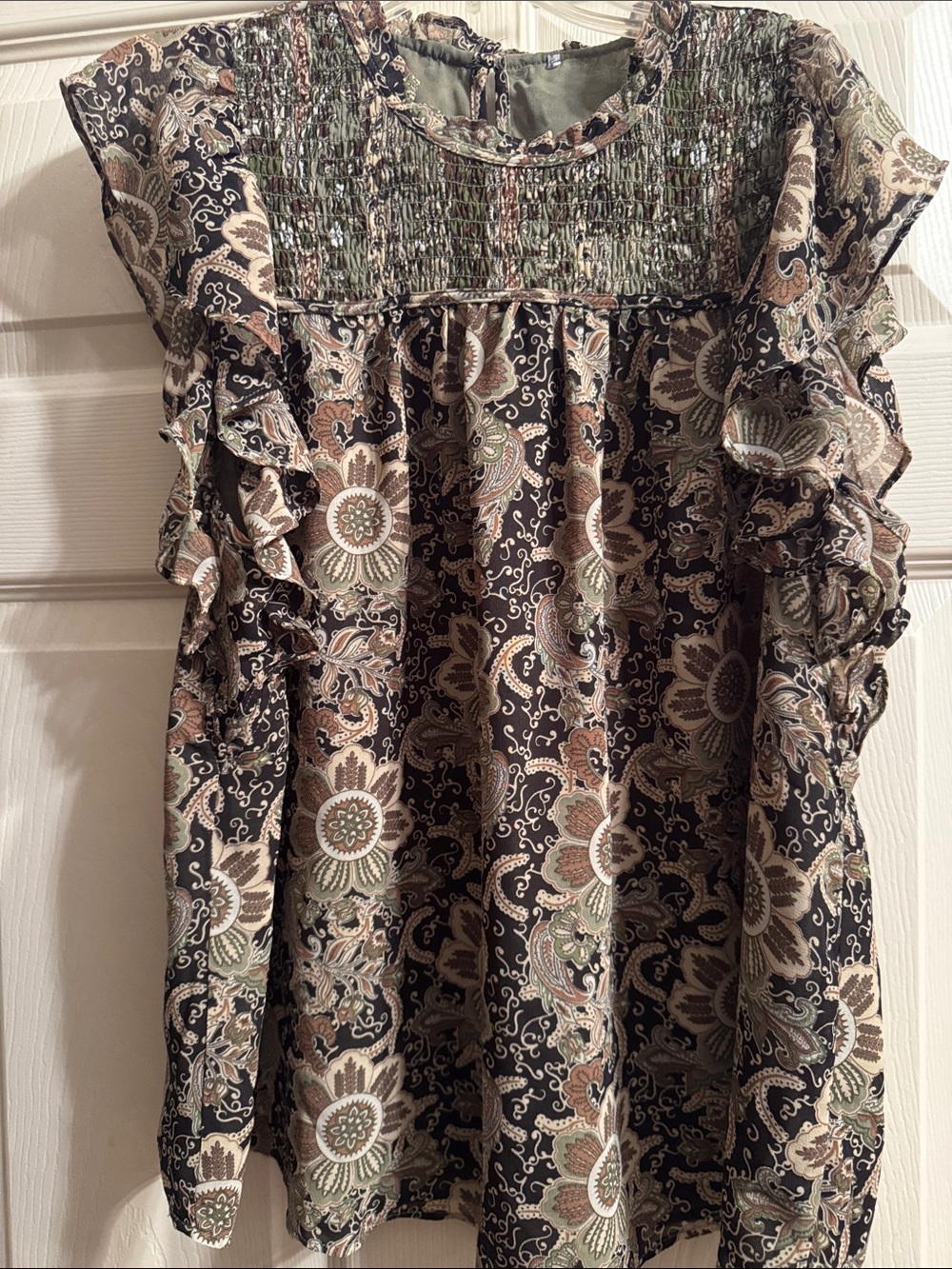 Women’s Floral Ruffle top in Black and Olive